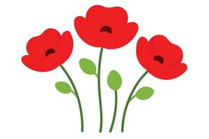 Simple Flat of Three Red Poppy Flowers with Green Stems on White vector