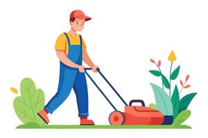 Flat Cartoon of Caucasian Man Mowing with Lawnmower on White Background vector