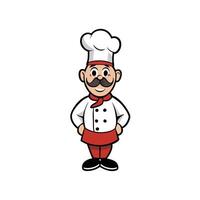 Cartoon Chef with Mustache, Red Apron, and White Background vector