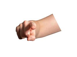 Female hand pointing directly forward with an extended index finger, symbolizing selection, photo