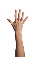 Female hand raised with an open palm and fingers spread apart, symbolizing a stop gesture, greeting, photo