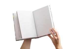 Hands holding open book with blank pages, reading and education concept. Literature, knowledge, photo