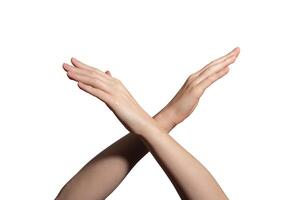 Crossing hands in an X shape, symbolizing refusal, prohibition, and denial. Stop gesture, rejection photo