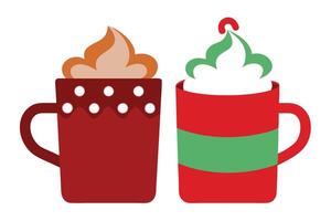 Festive Mug Pair Red Cups with Creamy Toppings on White Background Design vector