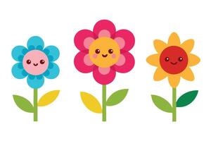Cute Smiling Flowers with Stem and Leaves on White Background vector