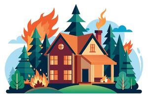 Burning House Surrounded by Forest Trees and Clouds on White Background Flat vector