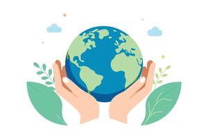 of Hands Holding Globe with Leaves on a White Background vector