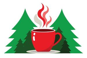 Red Mug with Steam on Plate and Evergreen Trees with White Background vector