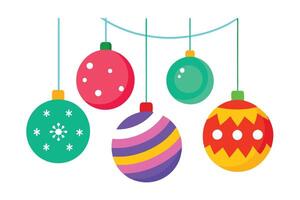 Five Colorful Geometric Christmas Ornament Baubles Hanging on a Turquoise String vector