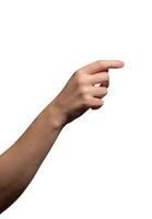 Female hand with a slightly curled index finger making a precise pointing or selecting gesture. photo