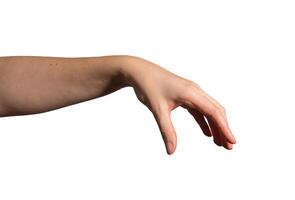 Hand delicately holding an invisible object between thumb and index finger. Gesture showing photo