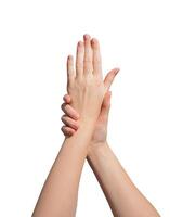 Hand with natural, polished nails, demonstrating neat, tidy manicure. Shiny, healthy, and soft, photo