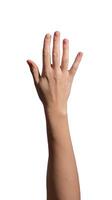 Female hand raised with an open palm, symbolizing greeting, waving, or a stop gesture. Fingers photo