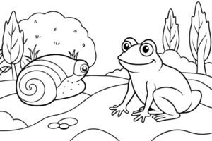 Smiling Frog and Snail Cartoon Outline on Landscape with Trees on White Background vector