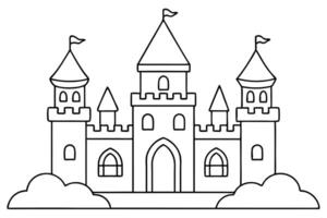 Outlined Castle Featuring Towers, Flags, and Decorative Clouds Design vector