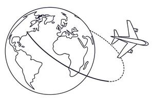 Plane Route Around Globe, Line Art, Simple, Outline, Isolated on White Background vector