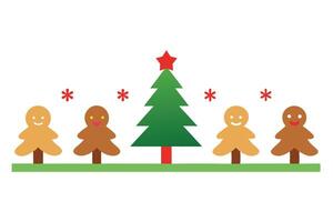 Gingerbread People with Christmas Tree and Snowflakes on White Background vector