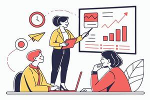 Presenter With Chart Board Explaining Data To Two Colleagues in White Background vector