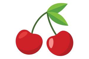Two Flat Design Cherries Connected by Stem with Leaves on White Background vector