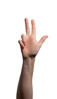 Female hand showing three fingers with the thumb, index, and middle fingers extended. Palm view, photo