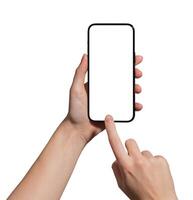 Hand holding a smartphone with a blank screen, index finger tapping to capture or interact. Ideal photo