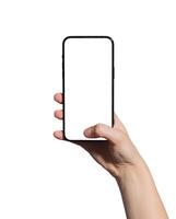 Hand holding a smartphone with a blank screen, thumb touching for biometric authentication or photo