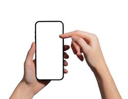 Smartphone in female hand presenting blank screen. User holding mobile device for mockup, photo