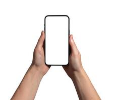 Hand holding a smartphone with a blank screen, ideal for advertising, promotion, and mockup. photo
