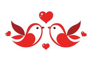 Two Red Birds Facing Each Other with Red Hearts on a White Background Design vector