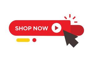 Red Shop Now Button with Play Icon and Click Arrow on a White Background vector