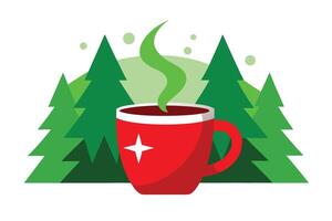 Red Mug with Star and Green Steam, Flat Trees Scene, White Background, Style vector