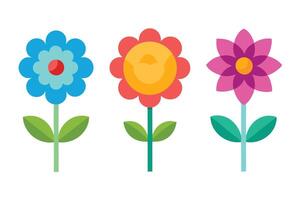 Set of Three Cute Colorful Flowers with Simple Design on White Background vector