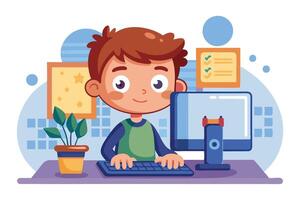 Cartoon Boy with Brown Hair Typing on Computer Keyboard Flat Style vector