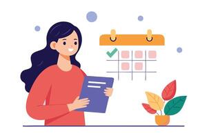 Smiling Woman Holding Blue Folder and Orange Calendar with Check Mark on White vector