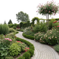 A stone path with flowers and bushes isolated on a transparent background png