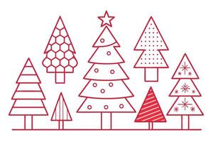 Cute Outline Christmas Trees with Star, Snowflake in Red on White Background vector