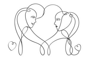 Minimalist Continuous Line Art of Couple, Faces Silhouette With Heart Shape on White vector
