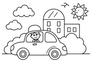 Line Art Car with Driver, Buildings, Bushes, Clouds and Smiling Sun on White vector