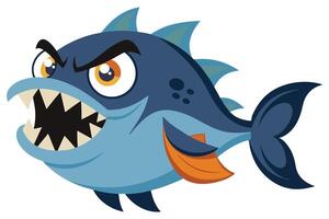 Blue Cartoon Piranha with Sharp Teeth, Orange Eyes, and Fins on a White Background vector
