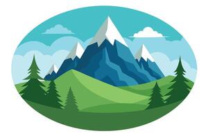 Scenic Mountain Peaks with Snow, Green Hills, Pine Trees, Clouds in Circle vector