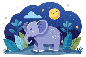 Cartoon Elephant at Night with Moon, Stars, Trees and Plants vector