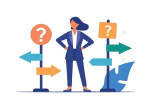 Woman with Hands on Hips Surrounded by Directional Signposts on White Background vector