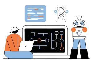 Person With Laptop, Robot, Code Block, and Award On White Background vector