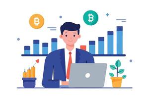 Flat Design Man Working on Laptop with Bitcoin Icons and Growing Charts on White vector