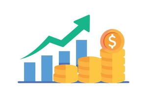 Rising Bar Chart with Green Arrow and Stacks of Coins on White Background vector