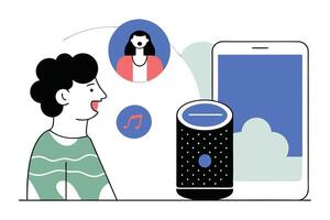 Cartoon Man Interacting with Smart Speaker, Listening to Music, Having Call vector