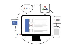 Connected Computer with Mobile and Icons in Cartoon Flat Design Style on White vector