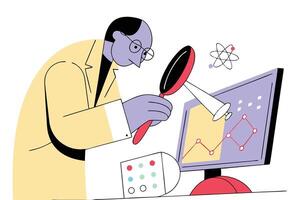 Scientist Inspecting Charts on Screen with Magnifying Glass Flat vector