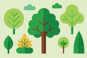 Flat Design Forest Elements, Cartoonish Trees, Green, Yellow and Brown with Clouds vector