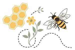 Honeycomb, Bee, and Flower with Dotted Flight Path on White Background vector